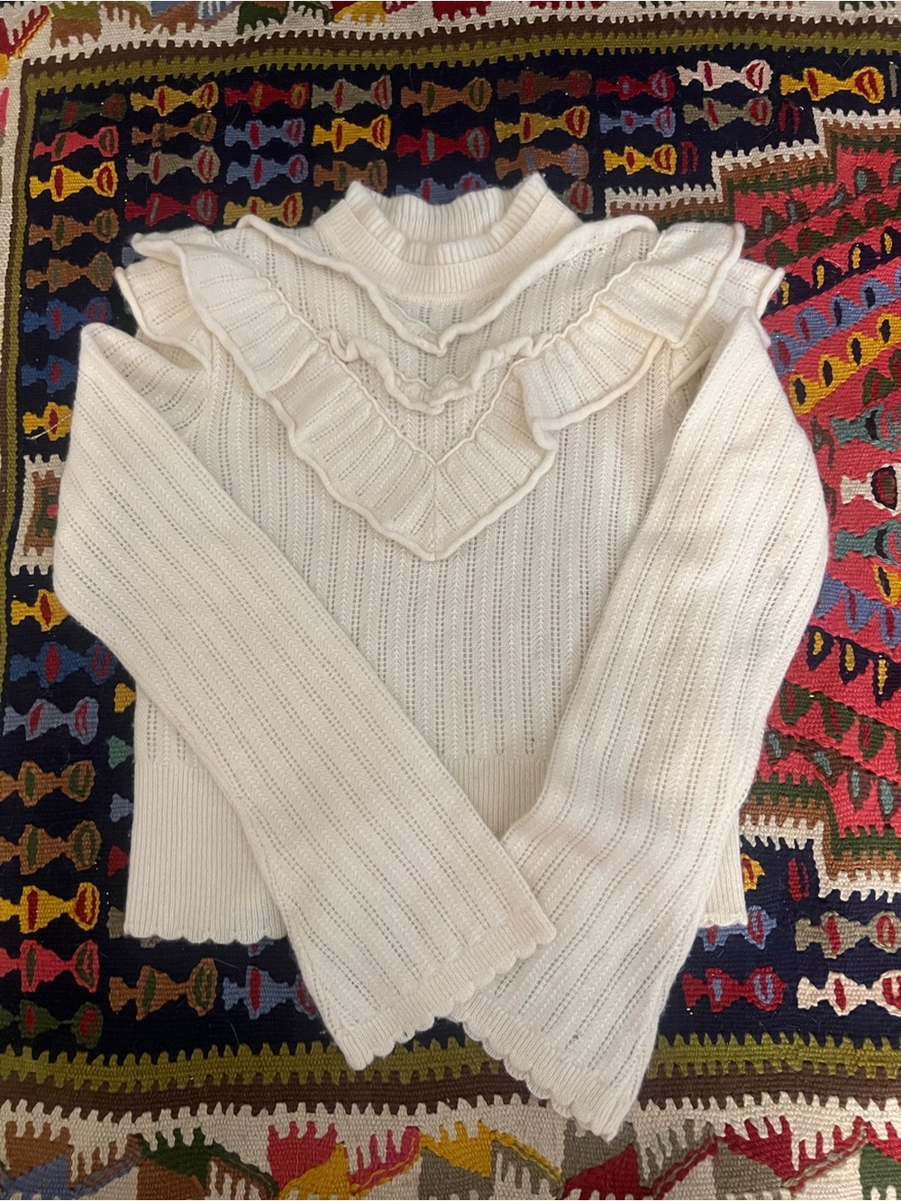 Anthropologie Victoria Floral Ruffle Cashmere Sweater Ivory XS